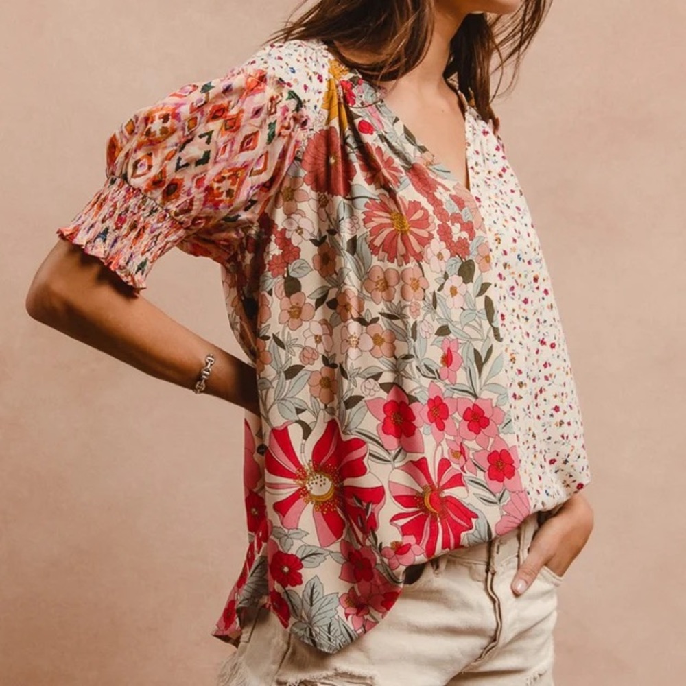 Floral Patchwork Boho Peasant Top | Smocked Sleeve Woven Blouse - Picture 6 of 9